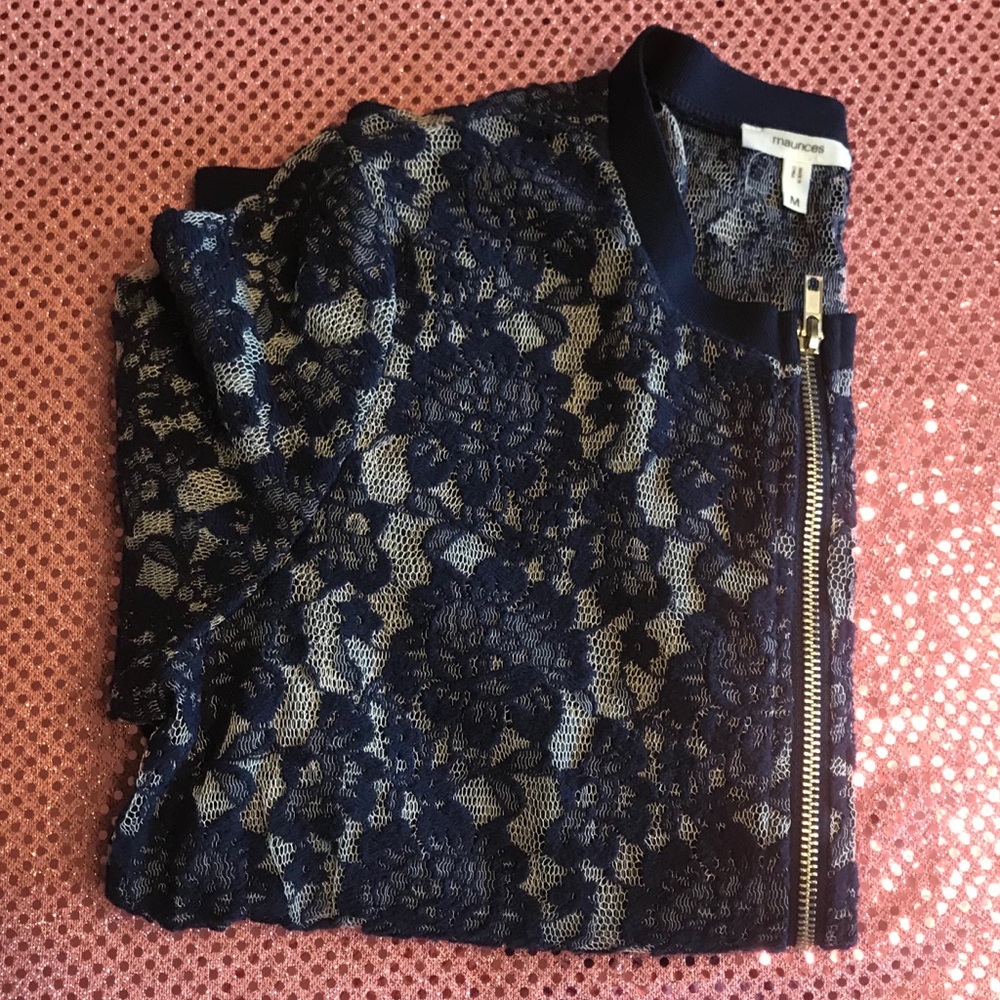 SOLD Maurice’s Blue Lace Floral Bomber Jacket M - Picture 10 of 12